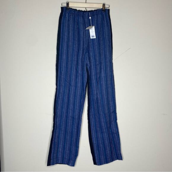 Tory Burch Pants 100% Linen Blue Striped Front Solid Back Relaxed Fit Pocket NWT - Picture 3 of 7